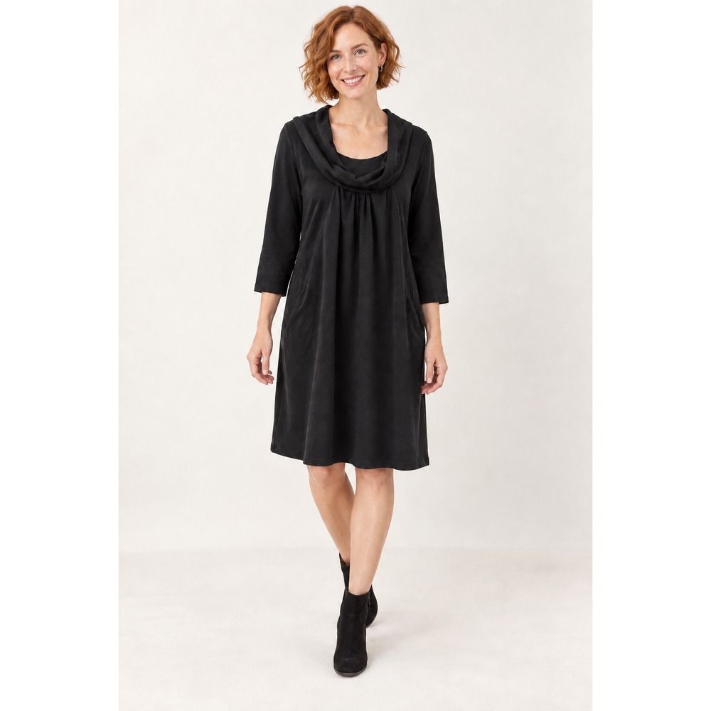 Neon Buddha Tunic Dress L Black Cowl Neck 3/4 Sleeve Pockets Slub Knit Cotton